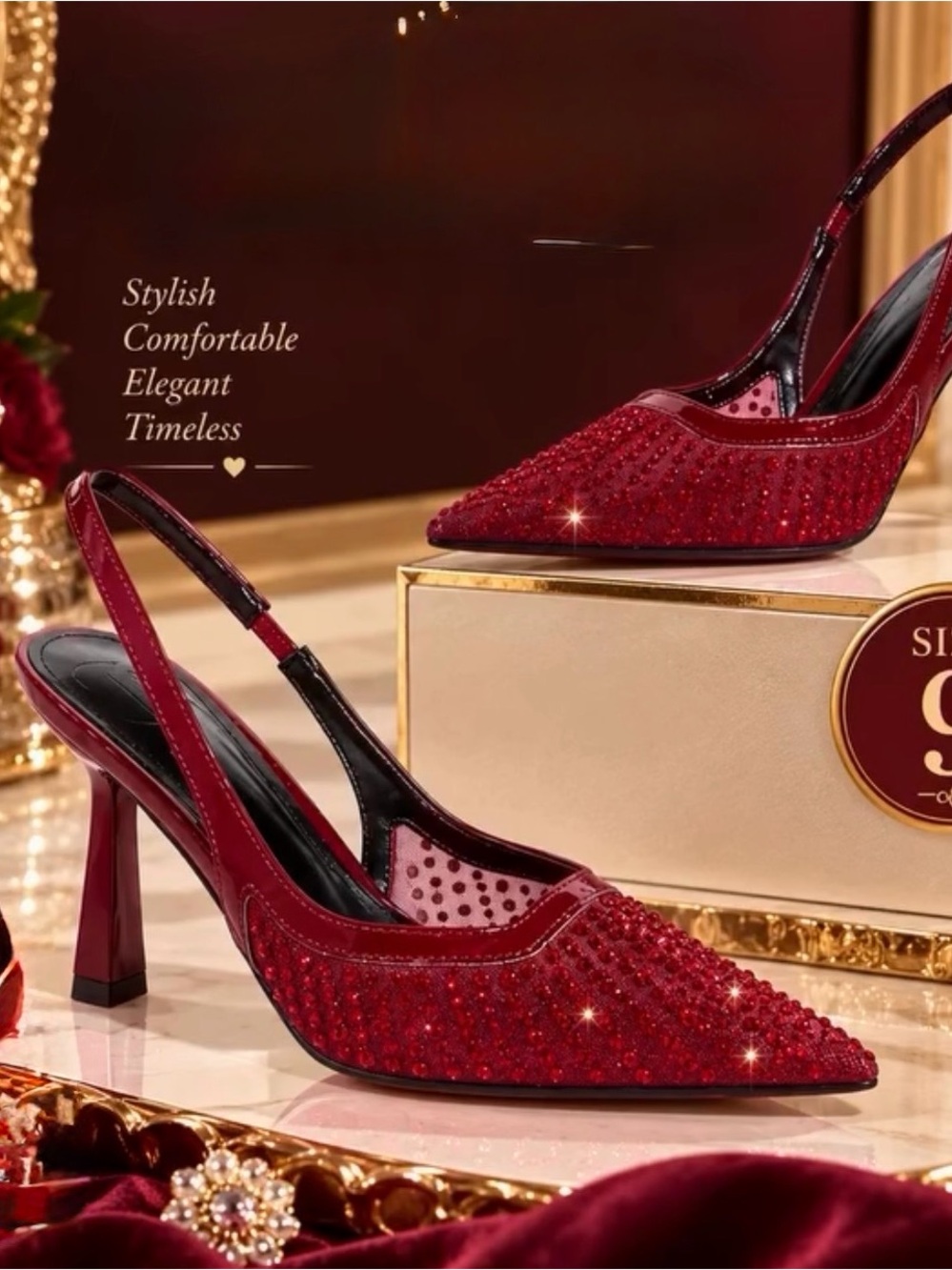 Women's Red Crystal Pointed Slingback Heels